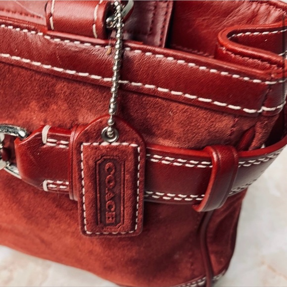 COACH dark red suede carry all with silver buckle. - Picture 2 of 11